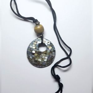 Paua Abalone Mother of Pearl Mosaic Large Round Pendant With Ceramic Bead